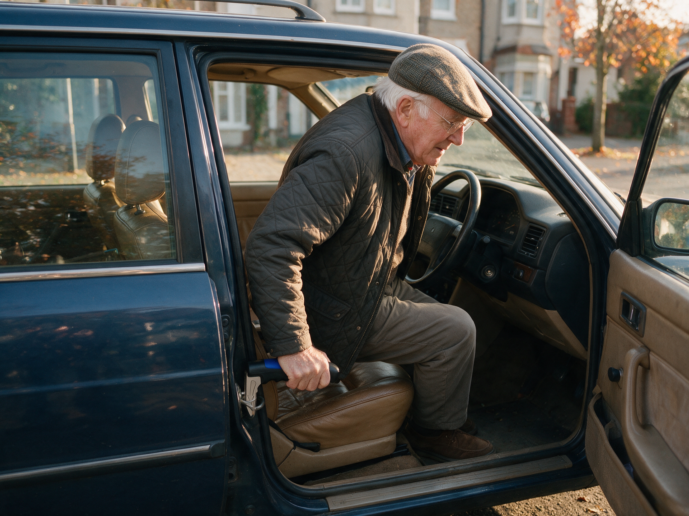 Older man using the Kavelo handle to rise from the driver's seat