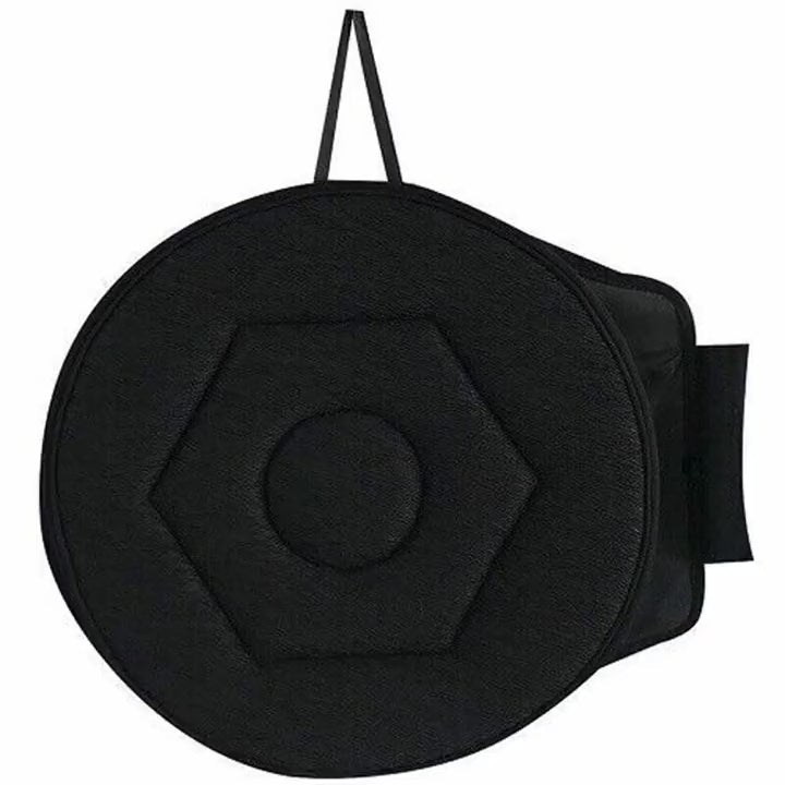The Kavelo 360 degree swivel seat cushion in black, shown from several angles and in place on a car seat