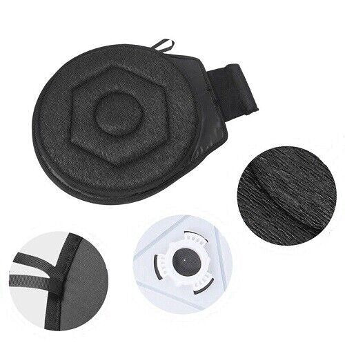 Black swivel seat cushion shown at an angle with the non-slip underside