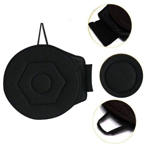 Black 360 degree swivel seat cushion with carry loop, non-slip base and securing strap